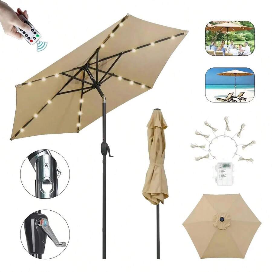 Sombrilla de exterior para jardín, de 2 metros, con luces LED y control remoto, con botón de inclinación y manivela, resistente al viento e impermeable, perfecta para la playa, con protección UV, producto para jardín, jardín, patio y balcón.Sombrilla - Color caqui - Ver 1