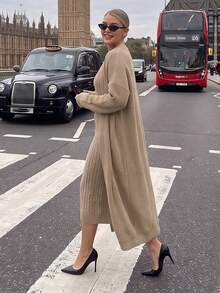 NOVELLE Women's Elegant Cable Pattern Knit Sweater Set, Autumn Winter Loose Long Cardigan With Midi Dress, For Daily Going Out, Commute And Dating - Khaki - View 5