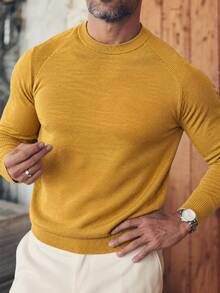 Men's Solid Color Raglan Knit Sweater, Minimalist Textured Crew Neck Long Sleeve Slightly Loose Fit Pullover Base Layer Top For Autumn/Winter - Yellow - View 5
