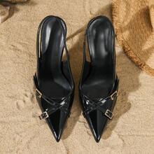 French Vintage Slingback High Heel Pumps, Glossy Patent Leather Pointed Toe Stiletto Heel Buckle Decor Commuter & Evening Party High Heel Shoes - Black - View 6