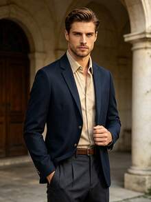Men's Classic Casual Blazer, Metal Button Slim Fit Business Casual Suit Jacket, Versatile Commuter Daily Top - Navy Blue - View 3