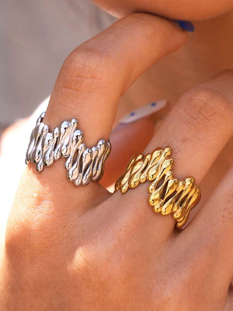 2pcs/1pc Autumn 18K Gold Plated Chunky Hammered Stainless Steel Open Ring, Punk Style Party Stackable Jewelry Gift, Adjustable Statement Ring, Suitable For Daily, Party, Vacation Wear, Gift For Her - Multicolor - View 1