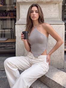 Women's Sleeveless Knit Halter Neck Crop Top With Asymmetrical Hem And Back Tie Design, Fashionable Backless Beachwear For Summer Casual Outings - Grey - View 3