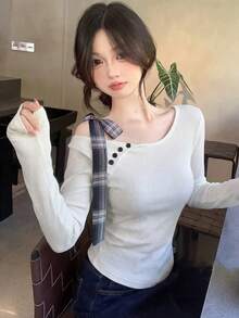 不对称蝴蝶结露肩针织衫，修身长袖上衣，女士春季白色 - 白色 - 查看 1