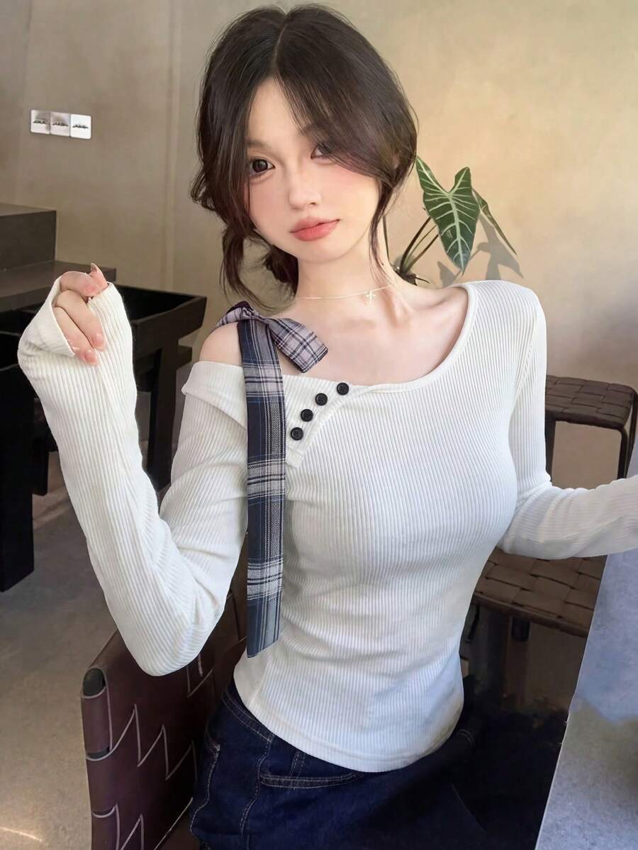 不对称蝴蝶结露肩针织衫，修身长袖上衣，女士春季白色 - 白色 - 查看 1