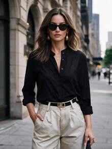 Women Half Button Down Shirt Loose Comfortable Blouse Long Sleeve Stand Collar Apparel For Fall Winter Daily Commuting Going Out Dating - Black - View 2