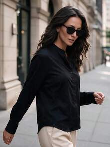 Women Half Button Down Shirt Loose Comfortable Blouse Long Sleeve Stand Collar Apparel For Fall Winter Daily Commuting Going Out Dating - Black - View 6