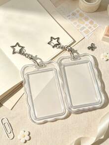 Transparent Wave-Edge Card Holder With Pearl Chain Star Clasp, Y2k Style Transparent Hard-Shell Protective Case,Suitable Hold Id Cards, Bank Cards - Multicolor - View 4