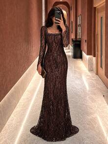UNITHORSE [Random Cut]Square Neck Long Sleeve Cinched Waist Sequin Evening Gown Dress - Coffee Brown - View 5
