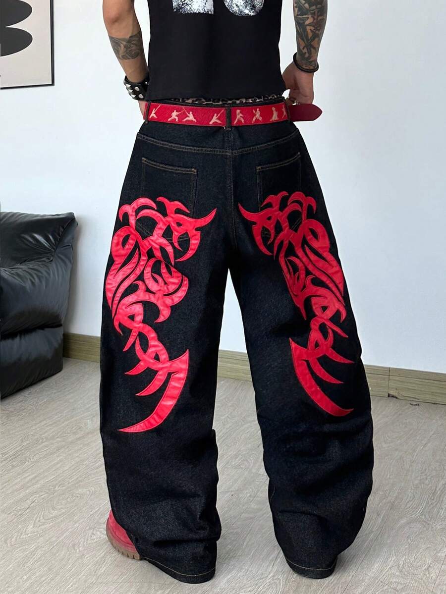 1pc Leather Embroidered American Streetwear Loose Fit Wide Leg Jeans For Men, Comfortable For All Seasons, Decorated With Metal Rivets (No Belt Or Accessories Included) - Black - View 1