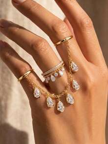 3pcs Elegant Water Drop Shaped Finger Chain & Ring Set, Essential Fashion Jewelry For Women's Party - Water Droplets - View 9