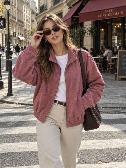 Chaqueta Bomber de Otoño para Mujer Manga Larga con Cremallera Color Burdeos Chaqueta Casual para Salir Atuendos de Otoño para Mujer Ropa de Calle Nueva Moda de Otoño para Mujer Abrigo