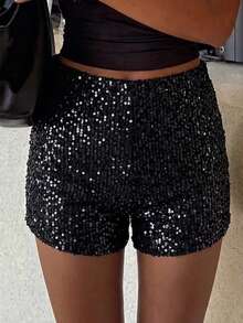 Unadoll Women's Autumn Black Sequin High Waist Shorts, Fashion Slim Fit Shorts, Suitable For Party, Outing And Back To School - Black - View 1