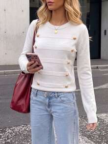 Women's Fashion White Top With Gold Faux Buttons, Autumn Fashion Outfit - White - View 10