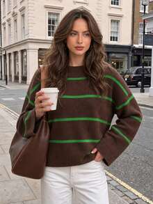 PEONY Women's Casual Elegant Relaxed Lazy Style Crew Neck Cable Knit Pullover Sweater - Multicolor - View 3