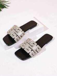 Women's Handmade Rhinestone Embellished Full Crystal Focal Element Greek Key Geometric Pattern Square Toe Single Strap Flat Slide Sandals, Luxury Style For Party And Date, Summer Silver PU Faux Leather Slippers - Silver - View 9