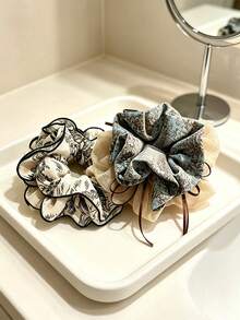 1pc Vintage Ruffle Large Satin Chiffon Hair Scrunchie, Hair Accessory, Suitable For Daily Wear, Autumn, Hair Clip, Hair Accessory - Multicolor - View 2