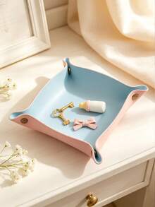 1Pc Two-Tone Foldable Leather Valet Tray, Minimalist PU Leather Square Shape With Detail Catchall Tray For Key Coin Storage, Entryway Bedroom Office Daily Home Decoration - Multicolor - View 13