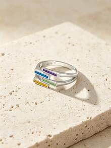 1pc Unique Personalized Pure Silver Colorful Enamel Ring, Women's Date Party Gift, Birthday Gift - Silver - View 3