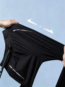 Women's Black High Elasticity Running Pants, Long Woven Fabric Sports Trousers With Drawstring And Side Zipper Pockets - Black - View 5