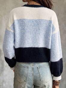 Live To Mo Women's Striped Color‑Block Knit Cardigan, Casual Relaxed Puff‑Sleeve Sweater Coat For Fall Back To School, Daily & Business Wear - Blue - View 5