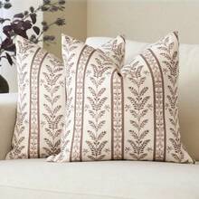 Amor Virisso Floral Pillow Covers 18x18 Set Of 2 Block Print Pillow Cover Neutral Boho Farmhouse Accent Striped Decorative Pillow Covers For Sofa Bed, - Brown - View 1