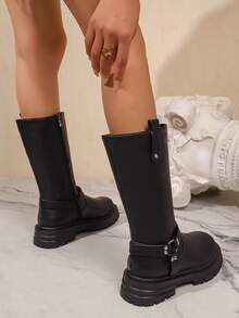 2026 Women's Boots Fashion Versatile Round Toe Thick Sole High-Top Mid-Calf Boots With Buckle And Pleated Design - Black - View 5