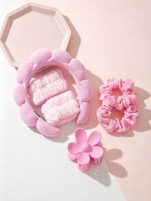 6pcs/Set New Cloud Headband, Wrist Band, Flower Claw Clip, Velvet Scrunchie Hair Ties Fashion Accessories - Multicolor - View 15