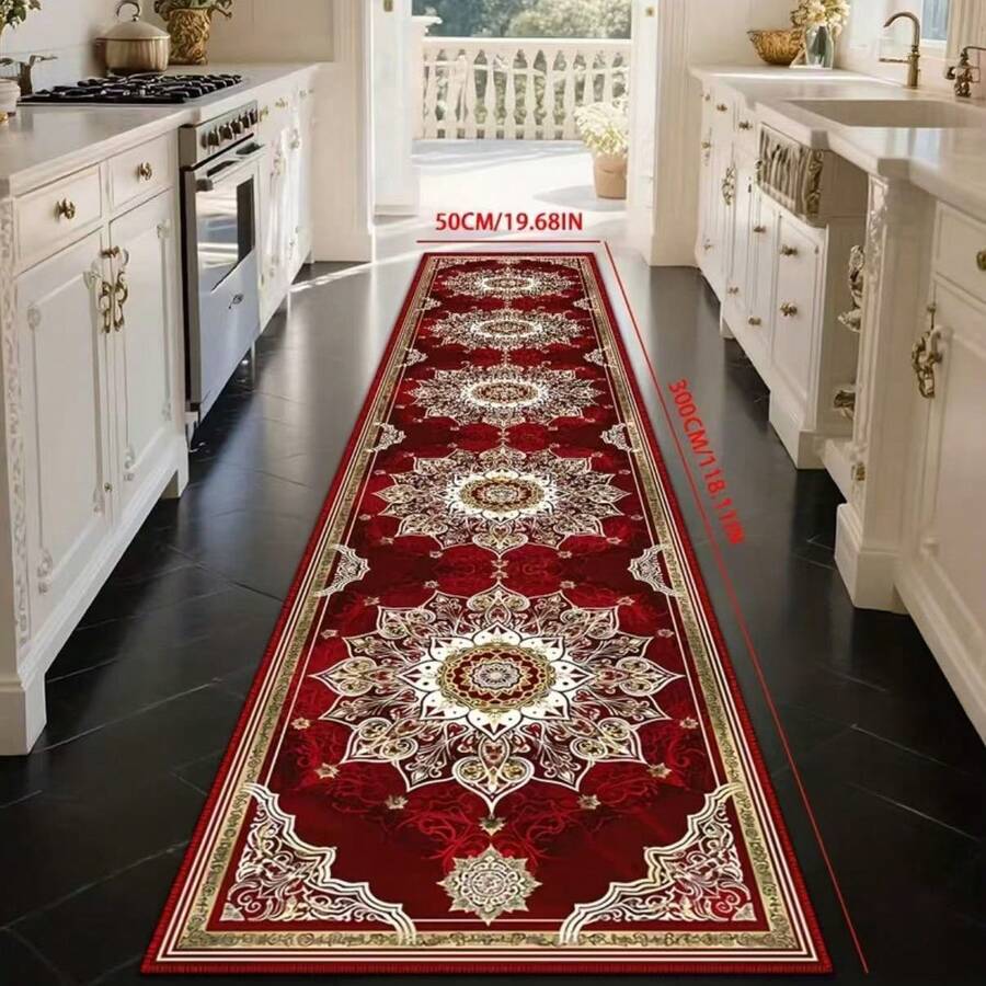 [Gold Diamond Velvet]1pc Red European Luxury Home Decor Carpet, Washable Kitchen Rug, High-Definition Non-Fading Printed Carpet, Rectangular Hallway Runner, Entrance Door Mat, Balcony Villa Corridor Carpet, Holiday Gift Decoration Choice - Red - View 1