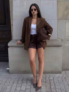 Women's Elegant Vintage Business Versatile Suede Design Minimalist Blazer, Suitable For Daily Commute, Outings, Workplace, Office Wear, Autumn/Winter Style - Coffee Brown - View 4