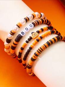 5Pcs Halloween Stackable Beaded Bracelets, Pumpkin BOO Letter Clay Bead & Faux Pearl Stretch Bracelet Set For Women Party Costume Jewelry - Multicolor - View 3
