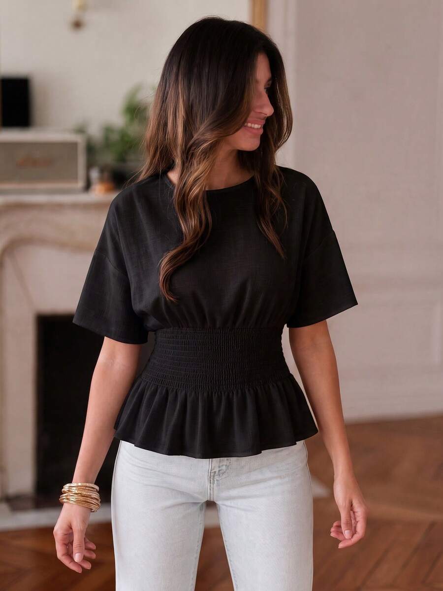 Plus Size Women's V-Neck Pleated Fitted Short Sleeve Top Black Summer - Black - View 1