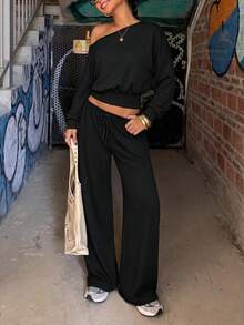 Women's Autumn Set, Solid Color Asymmetrical Shoulder Long Sleeve Top Paired With Low Waist Drawstring Pants Two Pieces Outfit, Y2K Street Style Hot Girl Look - Black - View 5