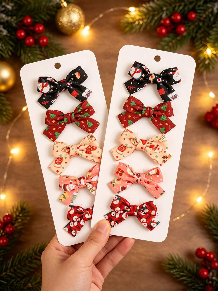 10PCS Christmas Hair Bows Clips For Girls, Mini Ribbon Barrettes With Santa Snowman Gingerbread Prints, Cute Xmas Hair Accessories For Kids No Cards - Multicolor - View 1