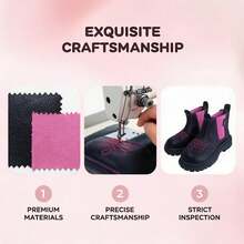 Girls' Contrast Color Purple Elastic Chelsea Boots, Embroidered Pattern Slip-On Ankle Boots, Suitable For Children - Black - View 6