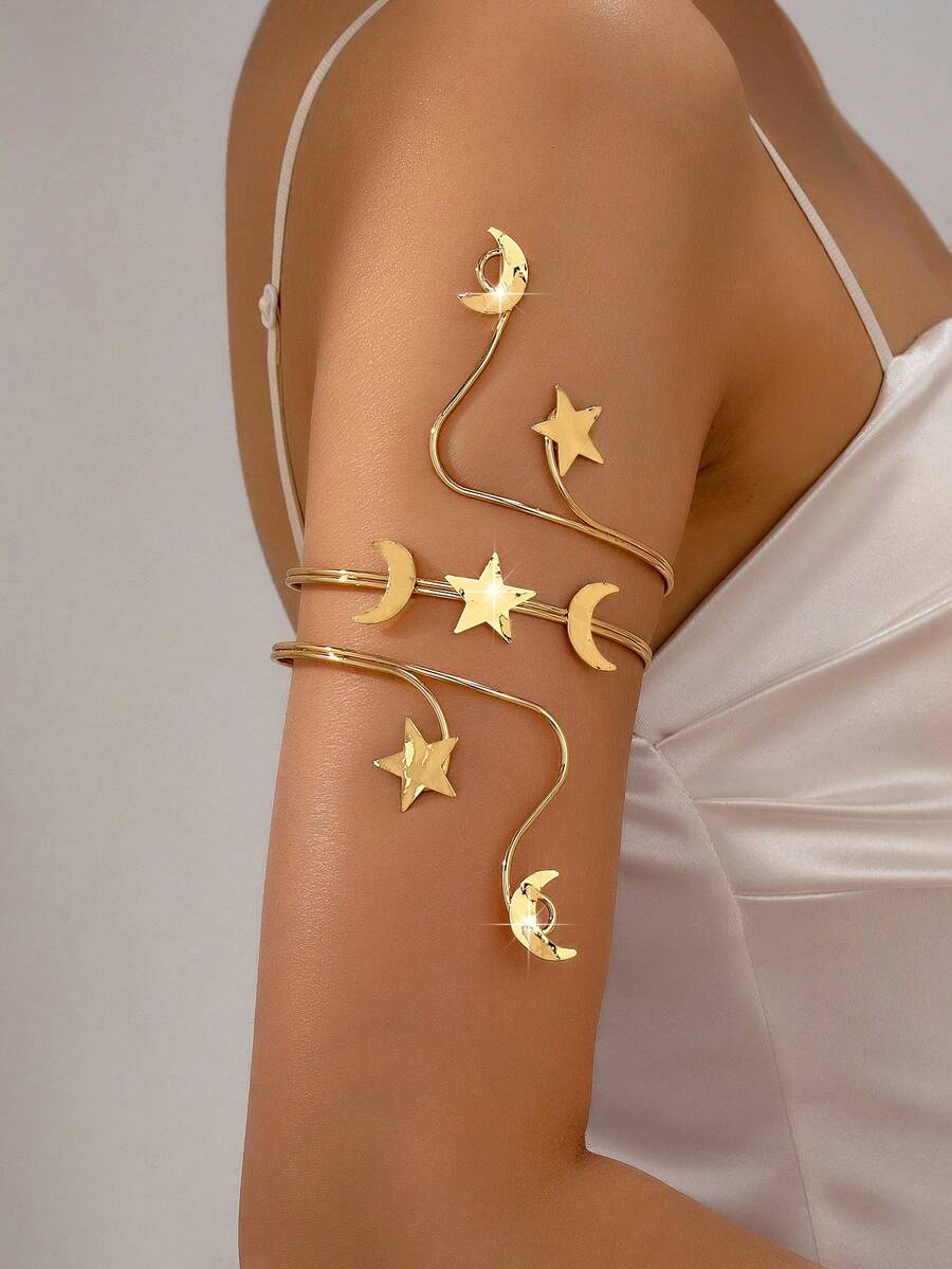 1件時尚金屬星月元素吊墜手鍊,適合女性日常配戴與海灘度假 - 金黃色 - 查看 1