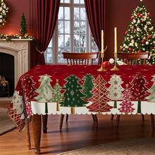 1pc Christmas Tablecloth - Red Vintage Festive Gold Snowflake Christmas Tree Print Design - Durable Polyester Fabric - Suitable For Rectangular, Round, Dining Tables - Party, Home, Restaurant Winter Decoration - Easy To Clean Holiday Decor - Multicolor - View 8