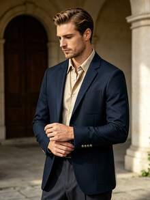 Men's Classic Casual Blazer, Metal Button Slim Fit Business Casual Suit Jacket, Versatile Commuter Daily Top - Navy Blue - View 2