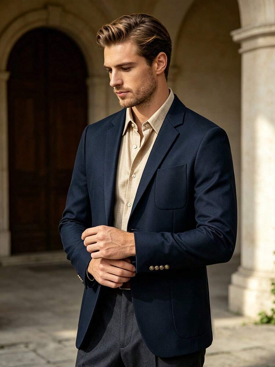 Men's Classic Casual Blazer, Metal Button Slim Fit Business Casual Suit Jacket, Versatile Commuter Daily Top - Navy Blue - View 1
