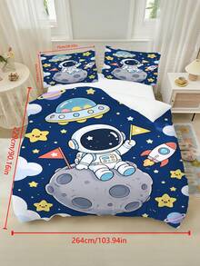2/3件客製化姓名卡通太空人月球火箭星星印花個性化被套，深藍色太空主題聚酯纖維床單被套（不含填充物），男孩女孩臥室裝飾，多尺寸可選 - 彩色 - 查看 13
