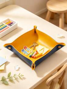 1Pc Two-Tone Foldable Leather Valet Tray, Minimalist PU Leather Square Shape With Detail Catchall Tray For Key Coin Storage, Entryway Bedroom Office Daily Home Decoration - Multicolor - View 16