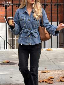 Women's Vintage Street Casual Denim Jacket With Collar And Waist Tie - Medium Wash - View 5