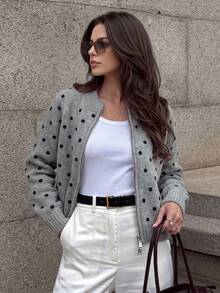Autumn/Winter Back To School Season Zipper Women's Cardigan Sweater Knit Jacket Slouchy Short Knit Top - Dark Gray Polka Dot Color - View 2
