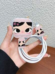 Polka Dot Girl Pattern 3pcs Set Data Cable Charger Wave-Shaped Protective Cover Compatible With UK Standard 20W Apple Charger, Transparent Shatterproof Cover, Protects Phone, 3-Prong Charger, Cable Protective Cover - Multicolor - View 4