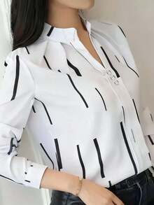 Elegant Long Sleeve Top With Red And Navy Stripes, Machine Washable Non-Fitted Fabric For Spring And Autumn, Versatile Casual To Formal Wear Black - Black - View 1