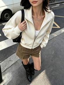 Solid Color Zip-Up Jacket, College Style, Daily Wear, All Seasons - Off-white - View 2