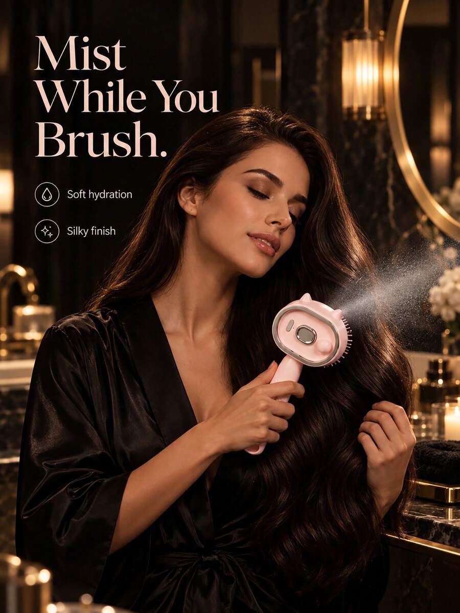 Portable Electric Mist Hair Brush With One-Touch Self-Cleaning Function, Fine Mist Evenly Moistens Hair Strands To Help Detangle And Reduce Dry Brushing Pulling, Suitable For Straight, Curly, Long, And Short Hair For Daily Styling And Grooming, Home, Travel, And On-The-Go Use To Easily Keep Hair Neat And Smooth