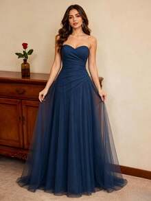 Vestido largo elegante sin tirantes para fiestas y eventos - Azul Marino - Ver 5
