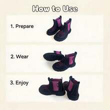 Girls' Contrast Color Purple Elastic Chelsea Boots, Embroidered Pattern Slip-On Ankle Boots, Suitable For Children - Black - View 9