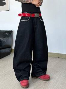1pc Leather Embroidered American Streetwear Loose Fit Wide Leg Jeans For Men, Comfortable For All Seasons, Decorated With Metal Rivets (No Belt Or Accessories Included) - Black - View 8